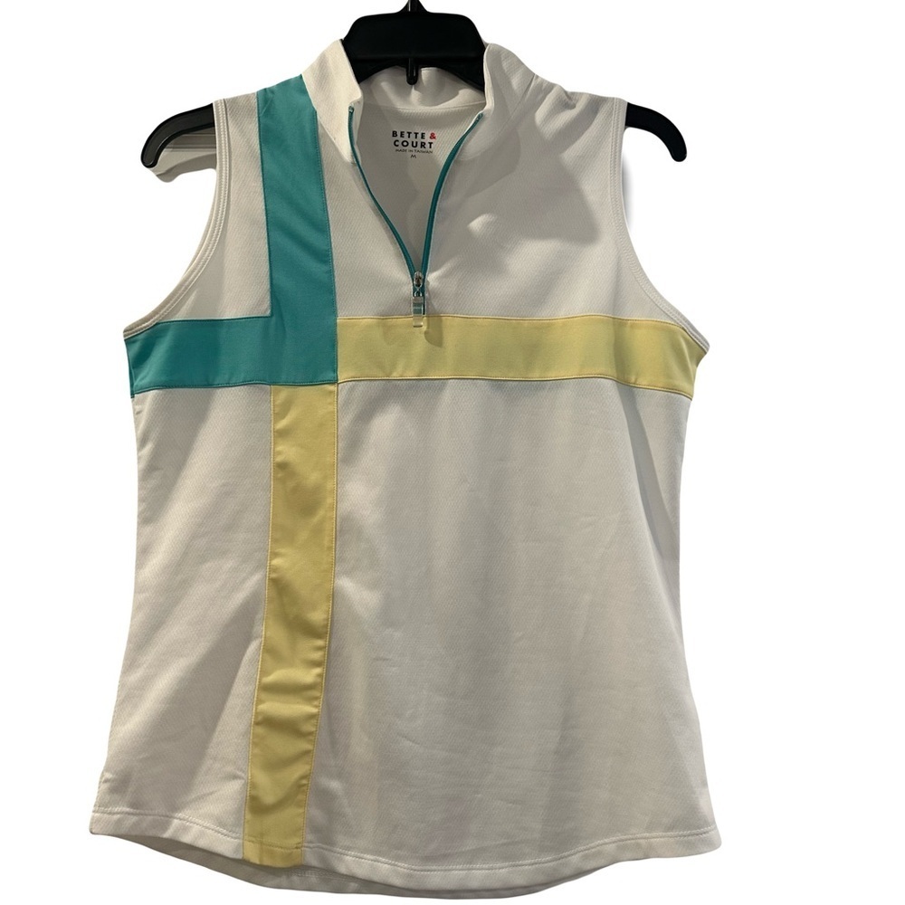 Bette & Court Ladies Med. sleeveless 1/4 Zip Golf Tennis white multi Shirt